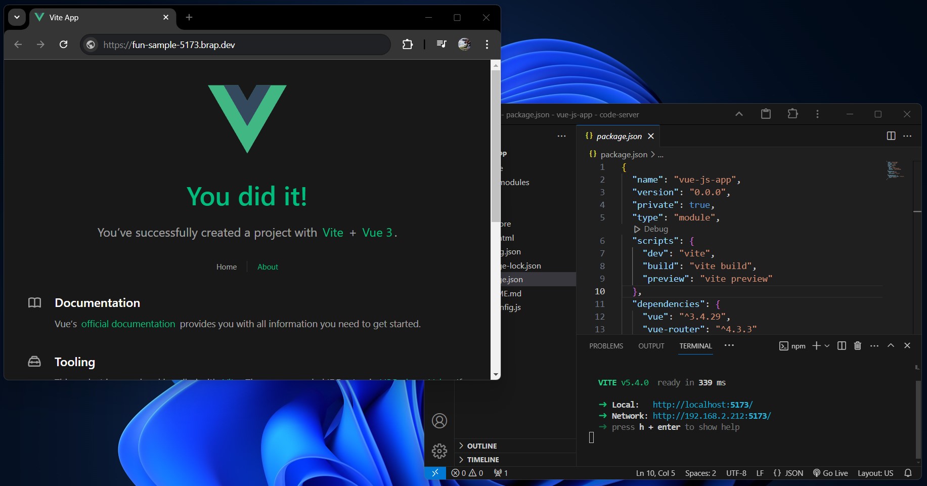 Vue.js running VS Code terminal and the web browser