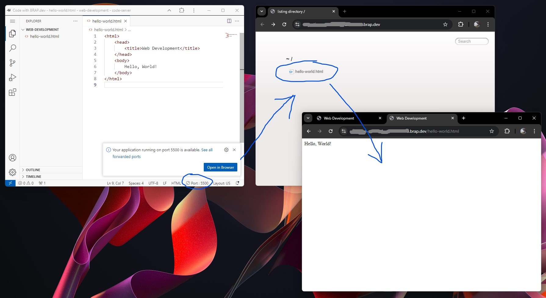 Hello, World in HTML running in the web browser via VS Code Live Server extension